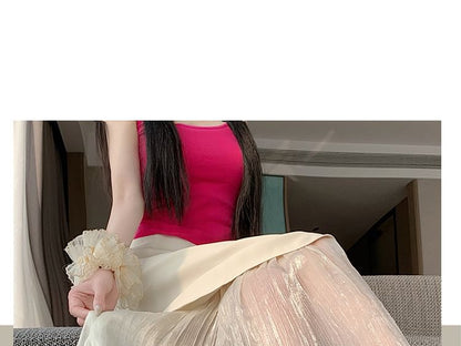 High Waist Plain Panel Mesh Maxi A-Line Skirt