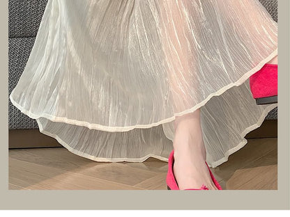 High Waist Plain Panel Mesh Maxi A-Line Skirt