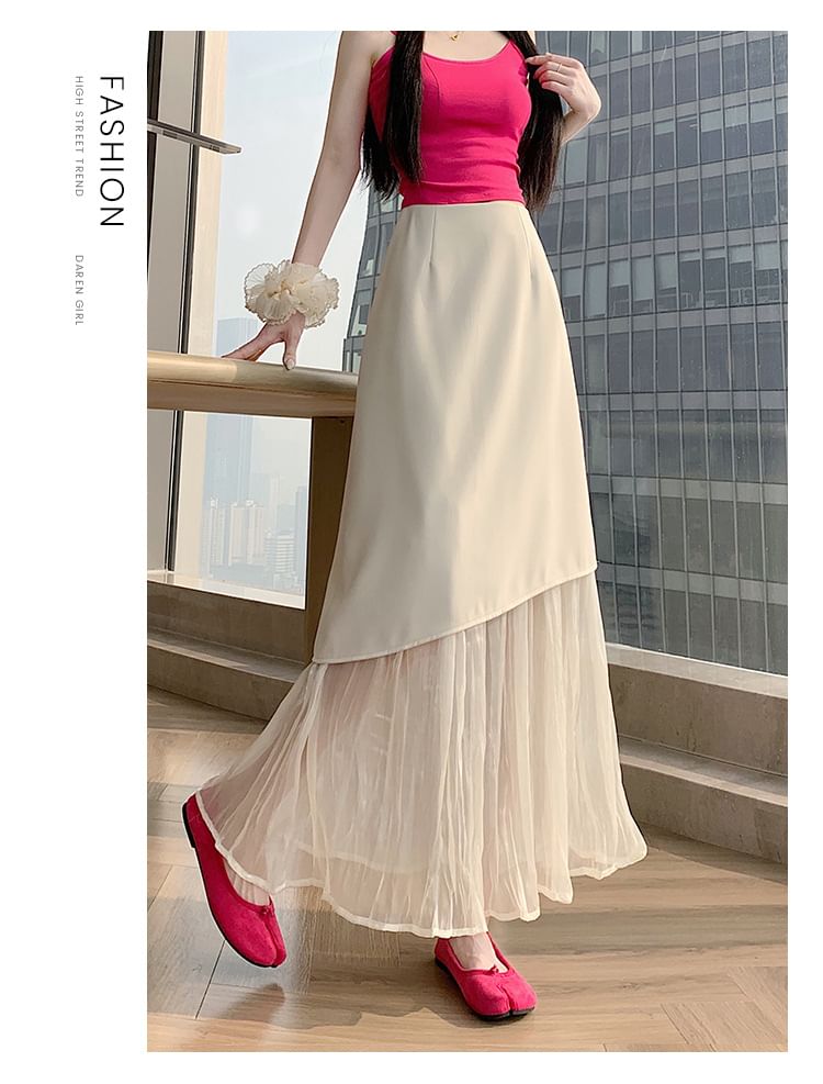 High Waist Plain Panel Mesh Maxi A-Line Skirt