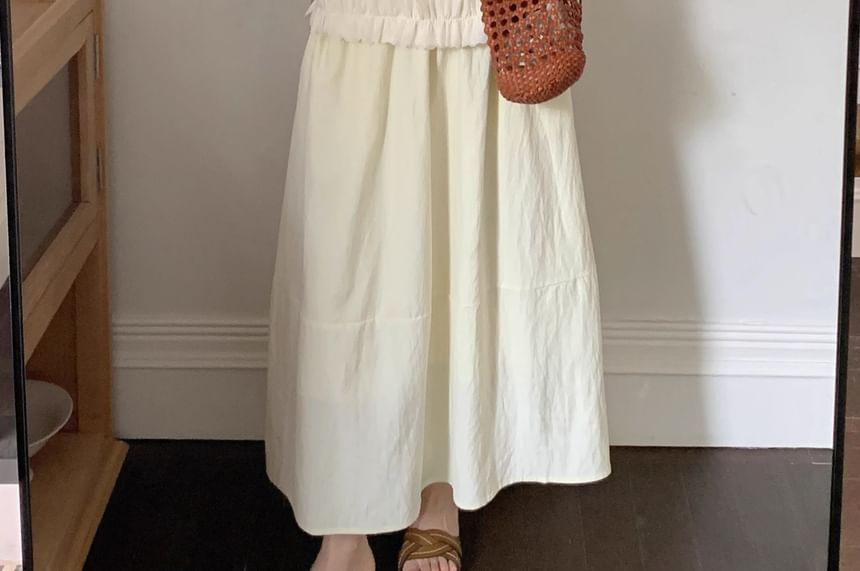 Set: Sleeveless Round Neck Plain Ruffle Trim Top + Mid Rise Maxi A-Line Skirt