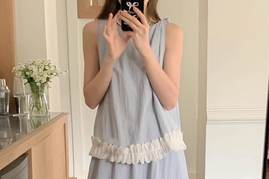 Set: Sleeveless Round Neck Plain Ruffle Trim Top + Mid Rise Maxi A-Line Skirt