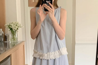 Set: Sleeveless Round Neck Plain Ruffle Trim Top + Mid Rise Maxi A-Line Skirt
