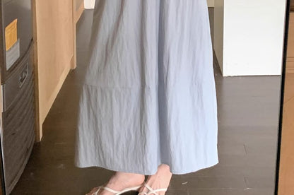 Set: Sleeveless Round Neck Plain Ruffle Trim Top + Mid Rise Maxi A-Line Skirt