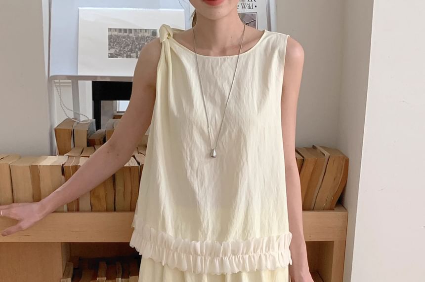Set: Sleeveless Round Neck Plain Ruffle Trim Top + Mid Rise Maxi A-Line Skirt