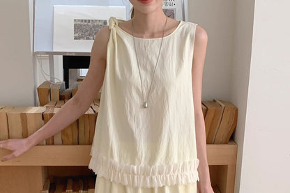 Set: Sleeveless Round Neck Plain Ruffle Trim Top + Mid Rise Maxi A-Line Skirt