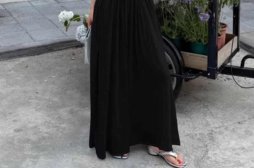 Set: Short-Sleeve Cowl Neck Plain Knit Top + Mid Rise Maxi A-Line Skirt