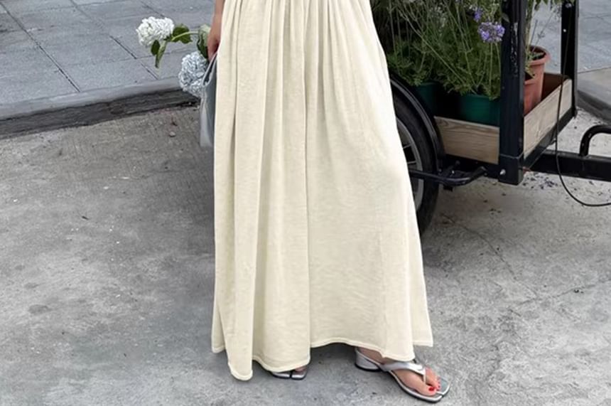 Set: Short-Sleeve Cowl Neck Plain Knit Top + Mid Rise Maxi A-Line Skirt