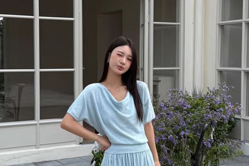 Set: Short-Sleeve Cowl Neck Plain Knit Top + Mid Rise Maxi A-Line Skirt