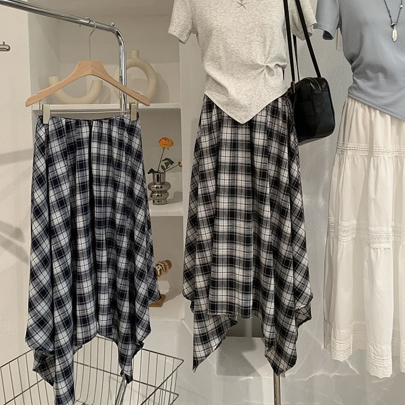Mid Rise Tartan Check Asymmetrical Midi A-Line Skirt