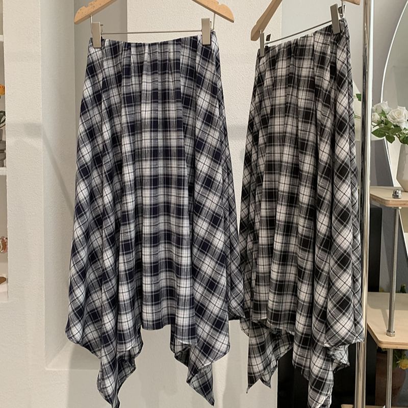 Mid Rise Tartan Check Asymmetrical Midi A-Line Skirt