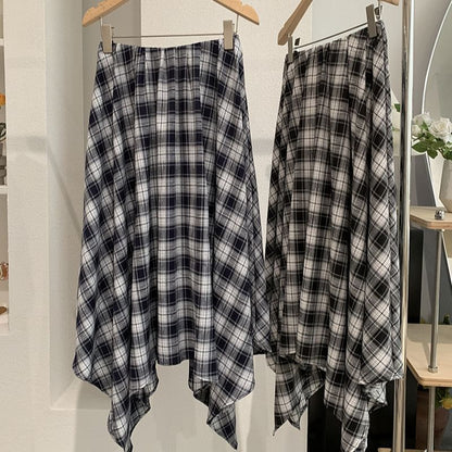 Mid Rise Tartan Check Asymmetrical Midi A-Line Skirt