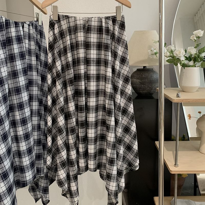 Mid Rise Tartan Check Asymmetrical Midi A-Line Skirt
