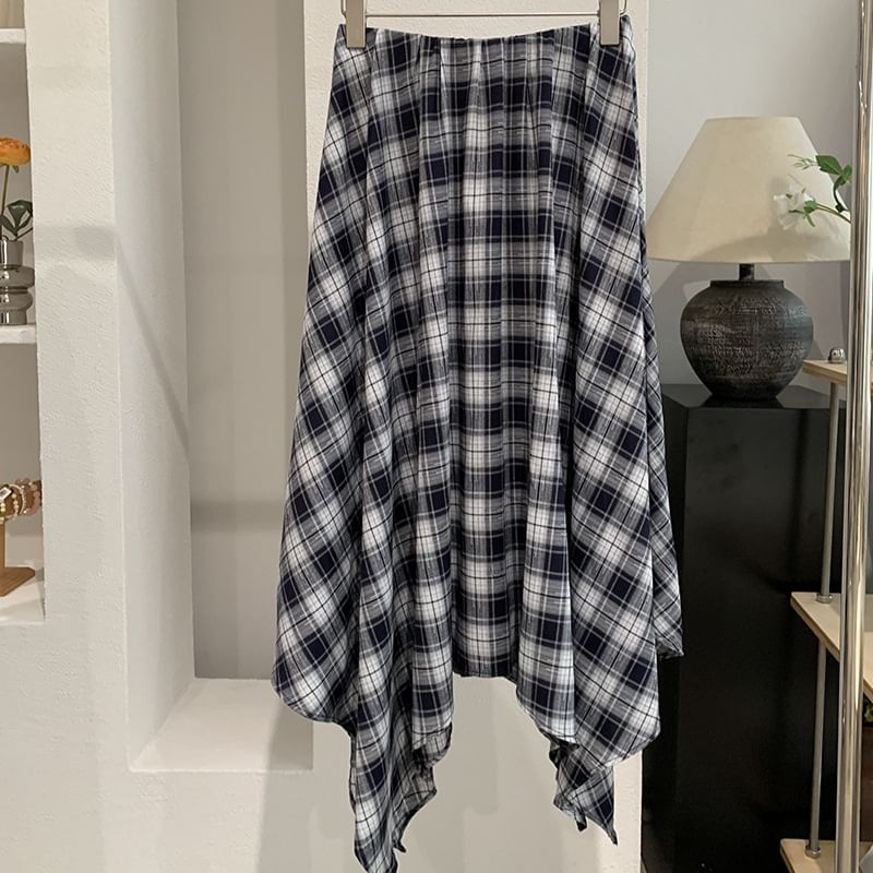 Mid Rise Tartan Check Asymmetrical Midi A-Line Skirt