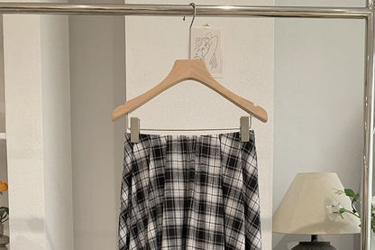 Mid Rise Tartan Check Asymmetrical Midi A-Line Skirt