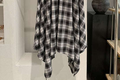 Mid Rise Tartan Check Asymmetrical Midi A-Line Skirt