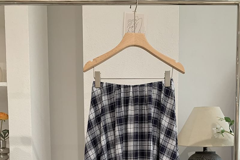 Mid Rise Tartan Check Asymmetrical Midi A-Line Skirt