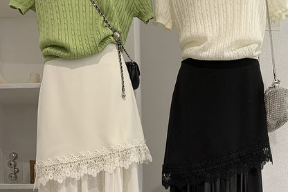 High Waist Plain Lace Trim Asymmetrical Midi A-Line Skirt