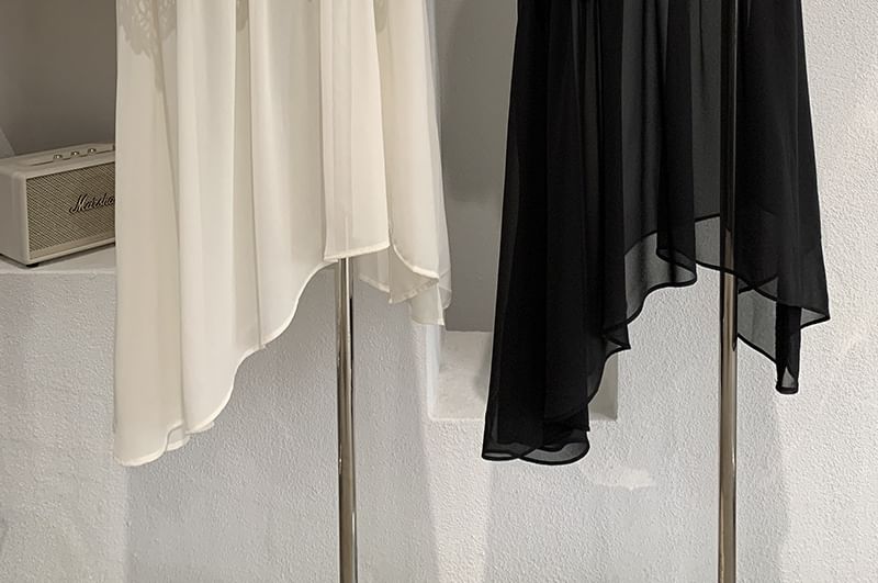 High Waist Plain Lace Trim Asymmetrical Midi A-Line Skirt