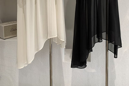 High Waist Plain Lace Trim Asymmetrical Midi A-Line Skirt