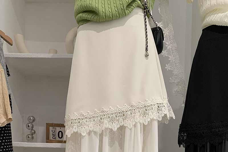High Waist Plain Lace Trim Asymmetrical Midi A-Line Skirt