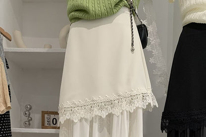 High Waist Plain Lace Trim Asymmetrical Midi A-Line Skirt