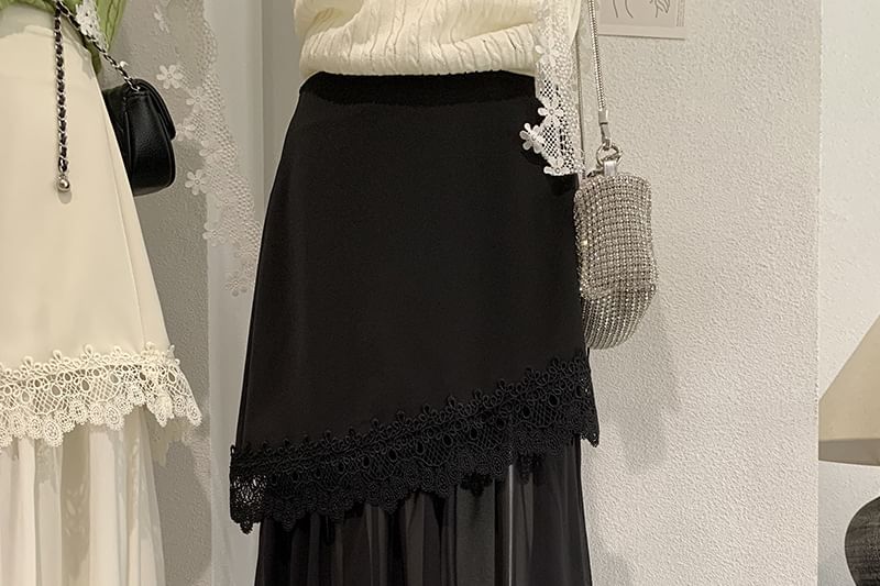 High Waist Plain Lace Trim Asymmetrical Midi A-Line Skirt