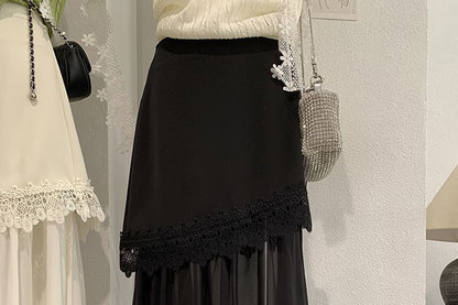 High Waist Plain Lace Trim Asymmetrical Midi A-Line Skirt