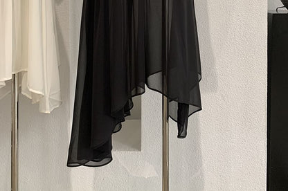 High Waist Plain Lace Trim Asymmetrical Midi A-Line Skirt