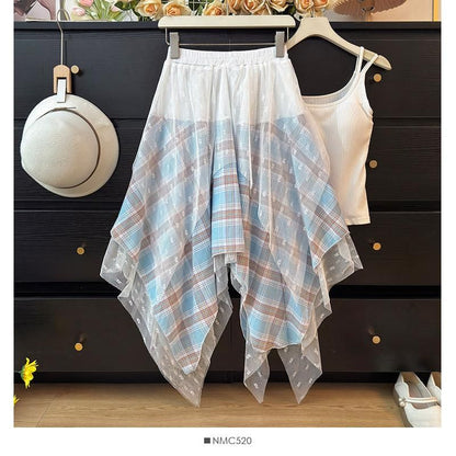 Elastic Waist Plaid Asymmetrical Lace Overlay A-Line Skirt (Various Designs)