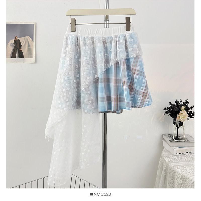 Elastic Waist Plaid Asymmetrical Lace Overlay A-Line Skirt (Various Designs)