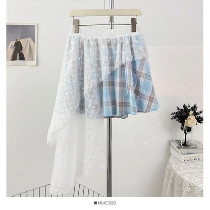 Elastic Waist Plaid Asymmetrical Lace Overlay A-Line Skirt (Various Designs)