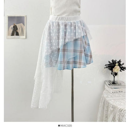 Elastic Waist Plaid Asymmetrical Lace Overlay A-Line Skirt (Various Designs)