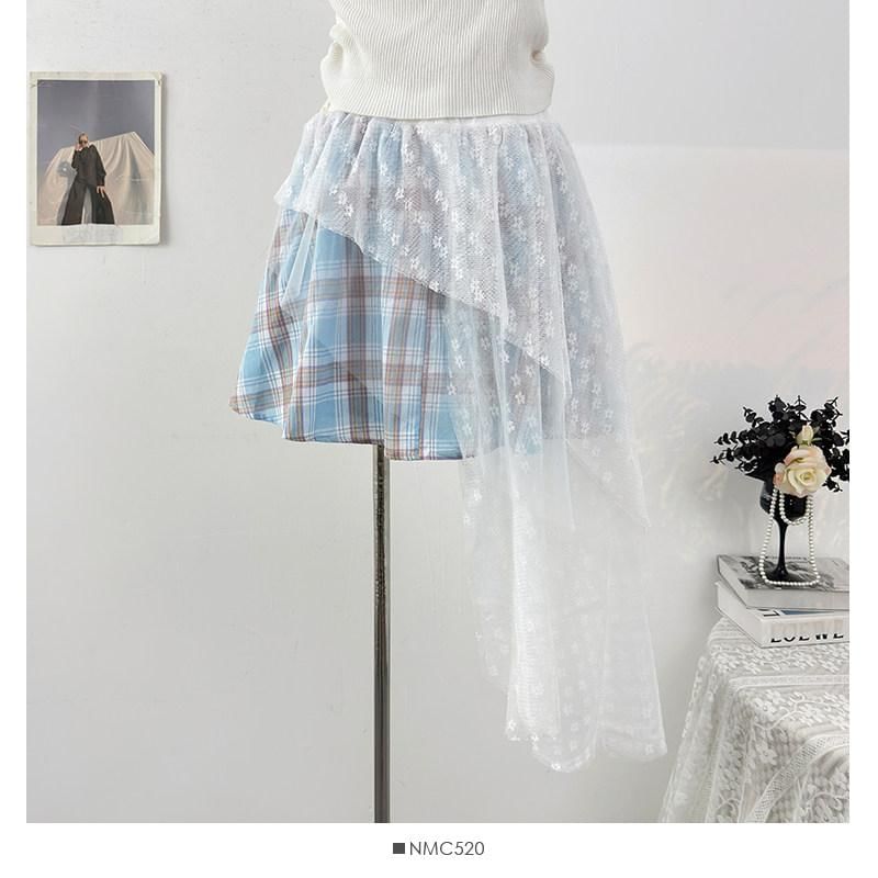 Elastic Waist Plaid Asymmetrical Lace Overlay A-Line Skirt (Various Designs)