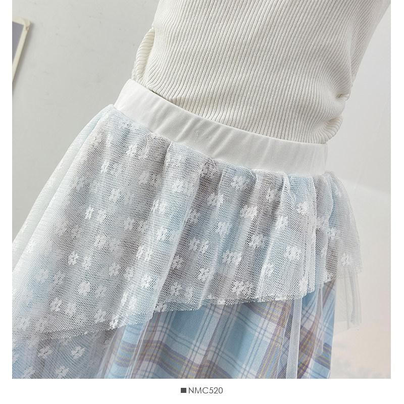Elastic Waist Plaid Asymmetrical Lace Overlay A-Line Skirt (Various Designs)