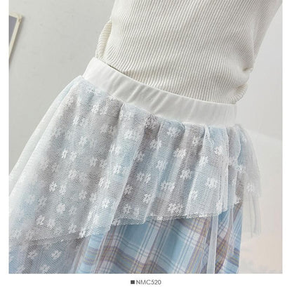 Elastic Waist Plaid Asymmetrical Lace Overlay A-Line Skirt (Various Designs)