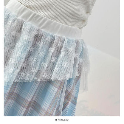 Elastic Waist Plaid Asymmetrical Lace Overlay A-Line Skirt (Various Designs)