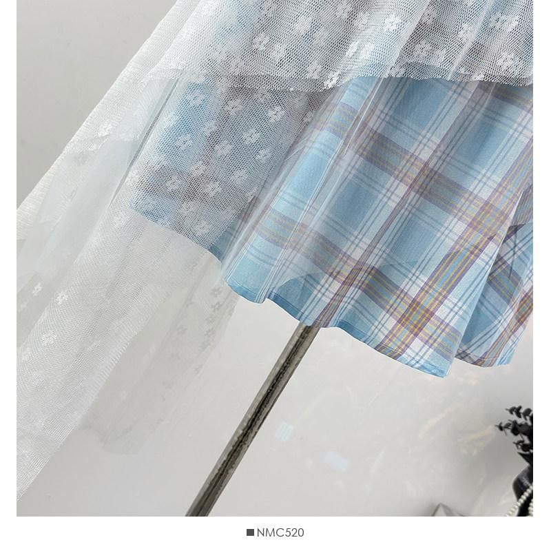 Elastic Waist Plaid Asymmetrical Lace Overlay A-Line Skirt (Various Designs)