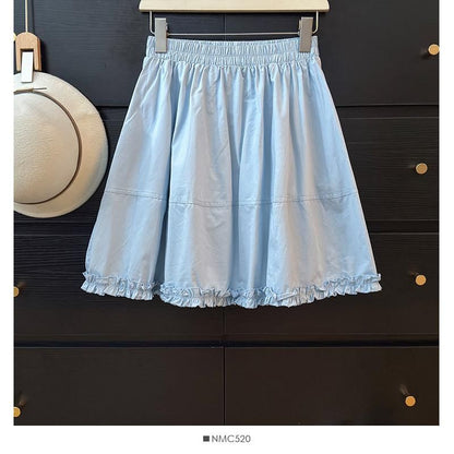 Elastic Waist Plain Frill Panel Mini A-Line Skirt