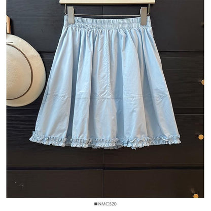 Elastic Waist Plain Frill Panel Mini A-Line Skirt