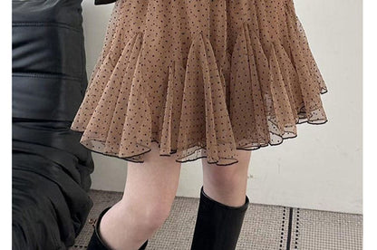 Mid Rise Polka Dot Mesh A-Line Skirt