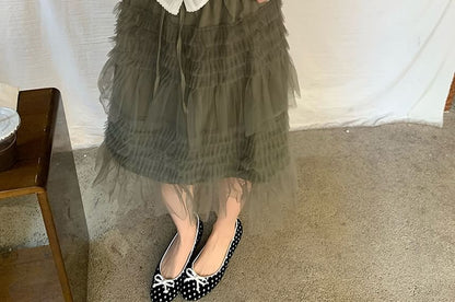 Mid Rise Plain Mesh Panel Midi A-Line Skirt