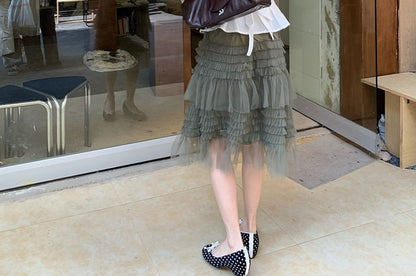 Mid Rise Plain Mesh Panel Midi A-Line Skirt