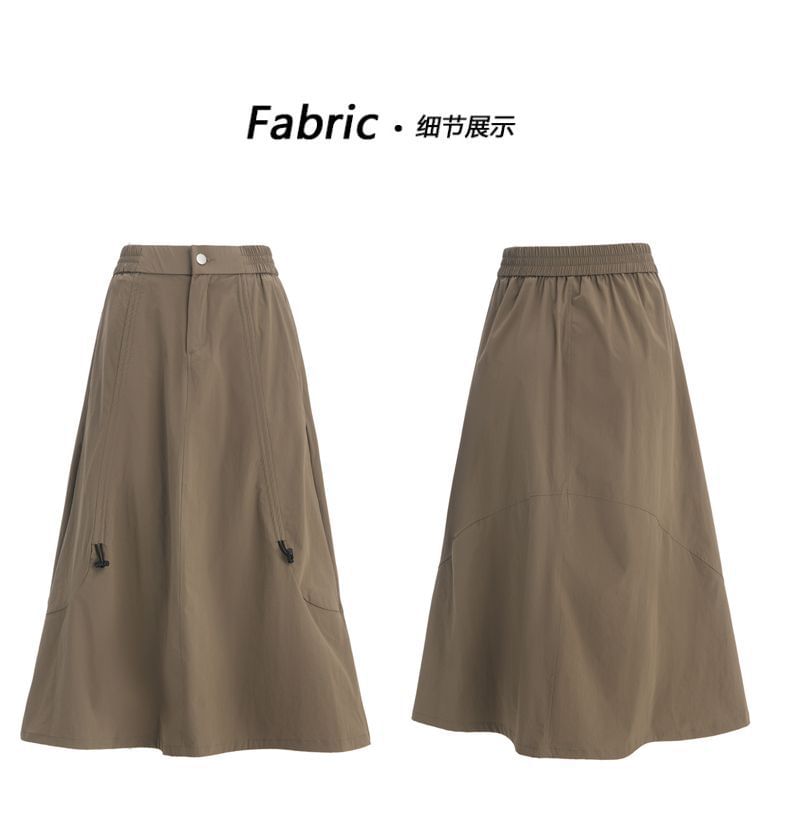 High Waist Plain Drawstring Midi A-Line Skirt