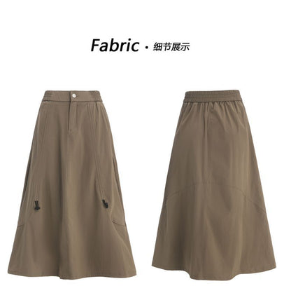 High Waist Plain Drawstring Midi A-Line Skirt