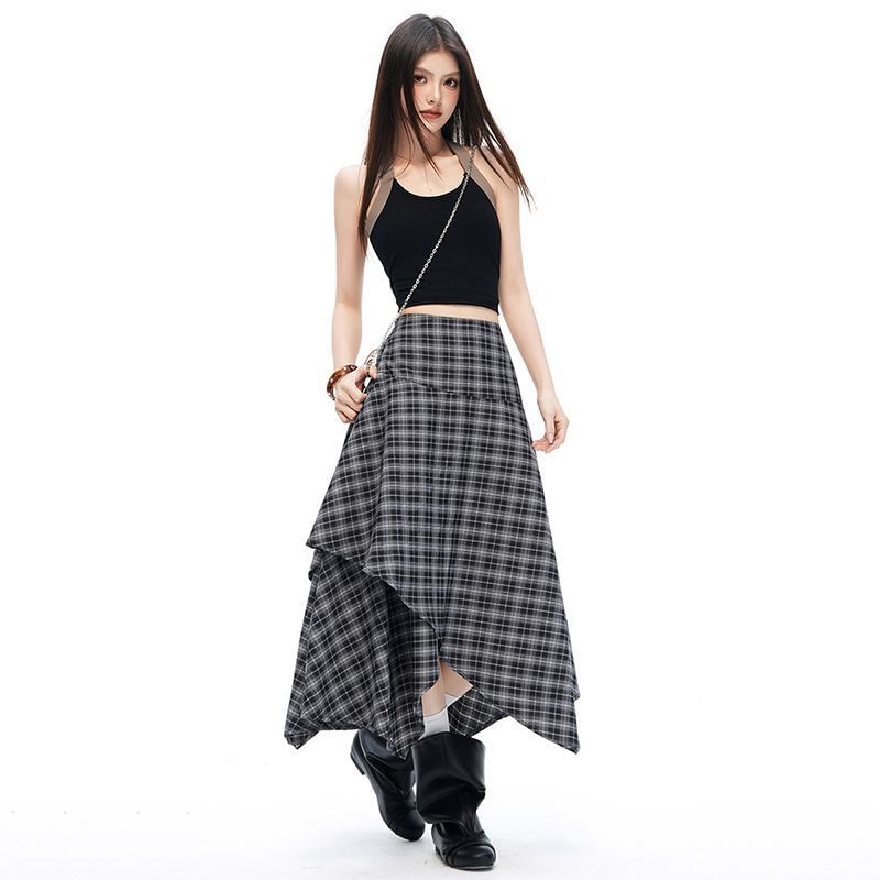 High Waist Plain Asymmetrical Midi A-Line Skirt