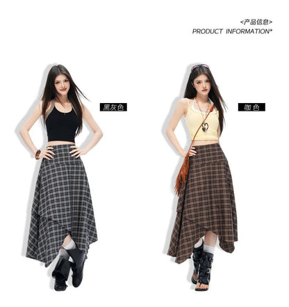 High Waist Plain Asymmetrical Midi A-Line Skirt