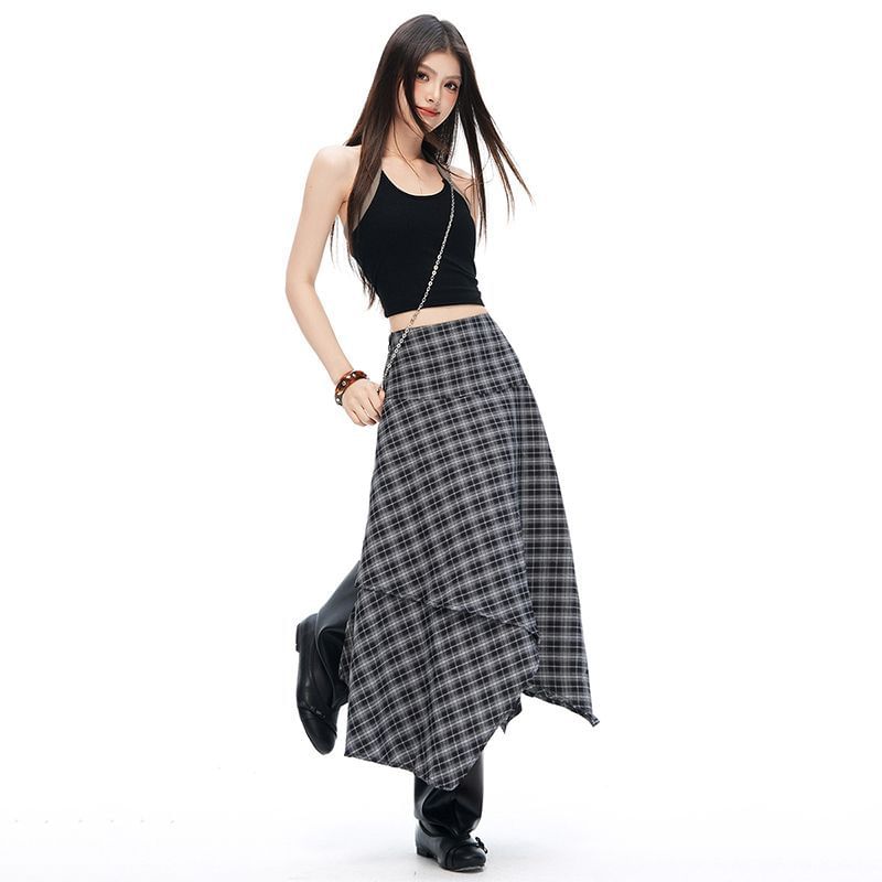 High Waist Plain Asymmetrical Midi A-Line Skirt