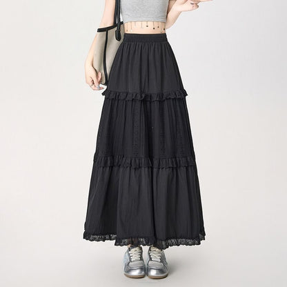 High Waist Plain Lace Trim Tiered Maxi A-Line Skirt