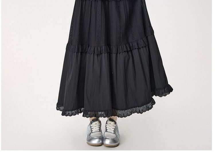 High Waist Plain Lace Trim Tiered Maxi A-Line Skirt