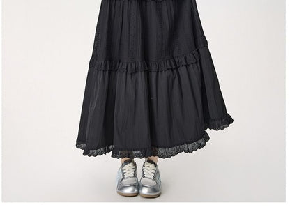 High Waist Plain Lace Trim Tiered Maxi A-Line Skirt